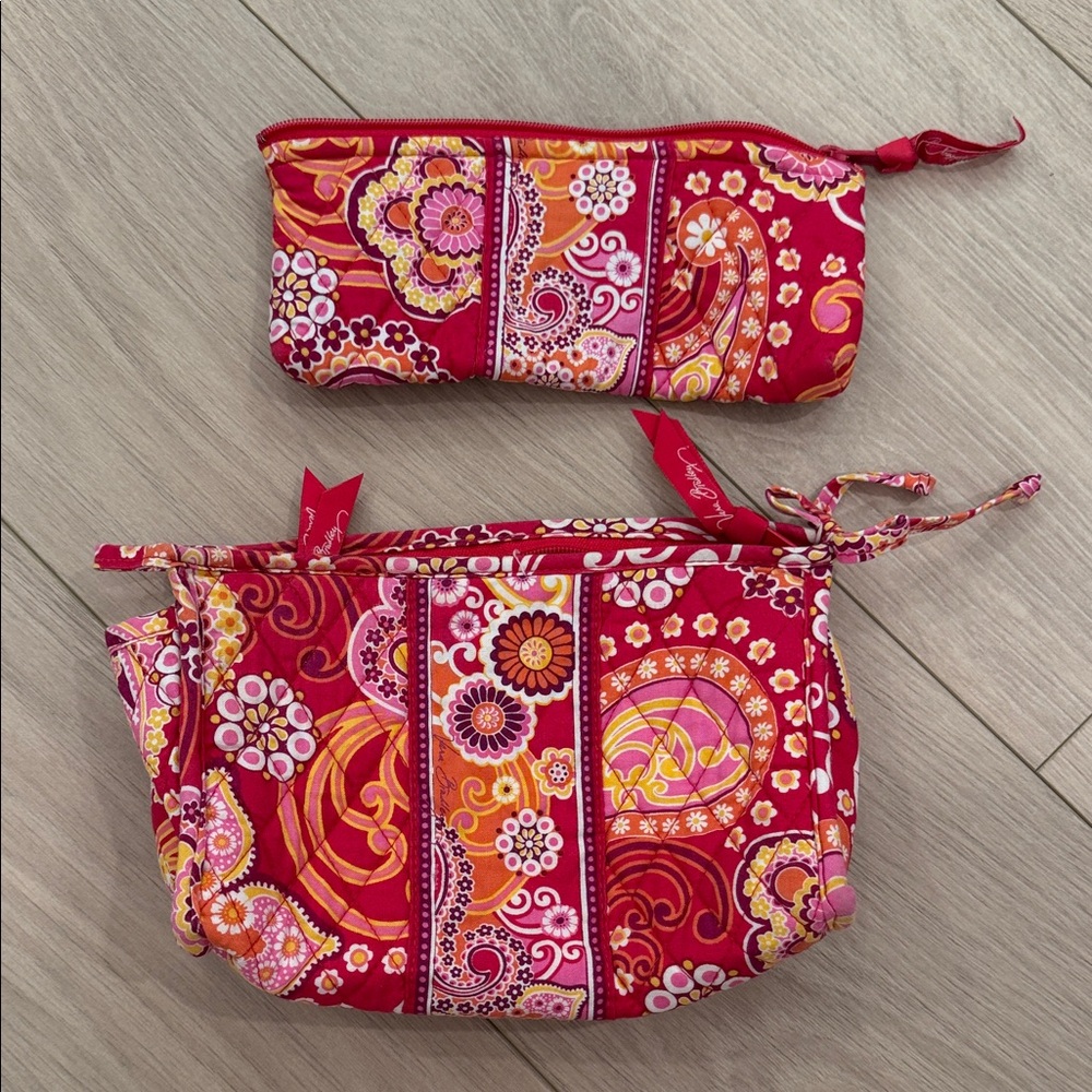 Vera Bradley Vibrant Red Patterned Women's Make Up and Brush bag set